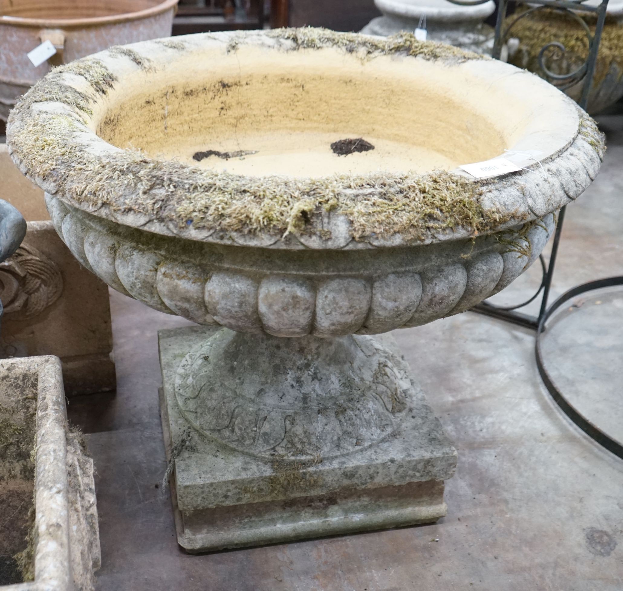 A large circular reconstituted stone campana garden urn, diameter 90cm, height 75cm